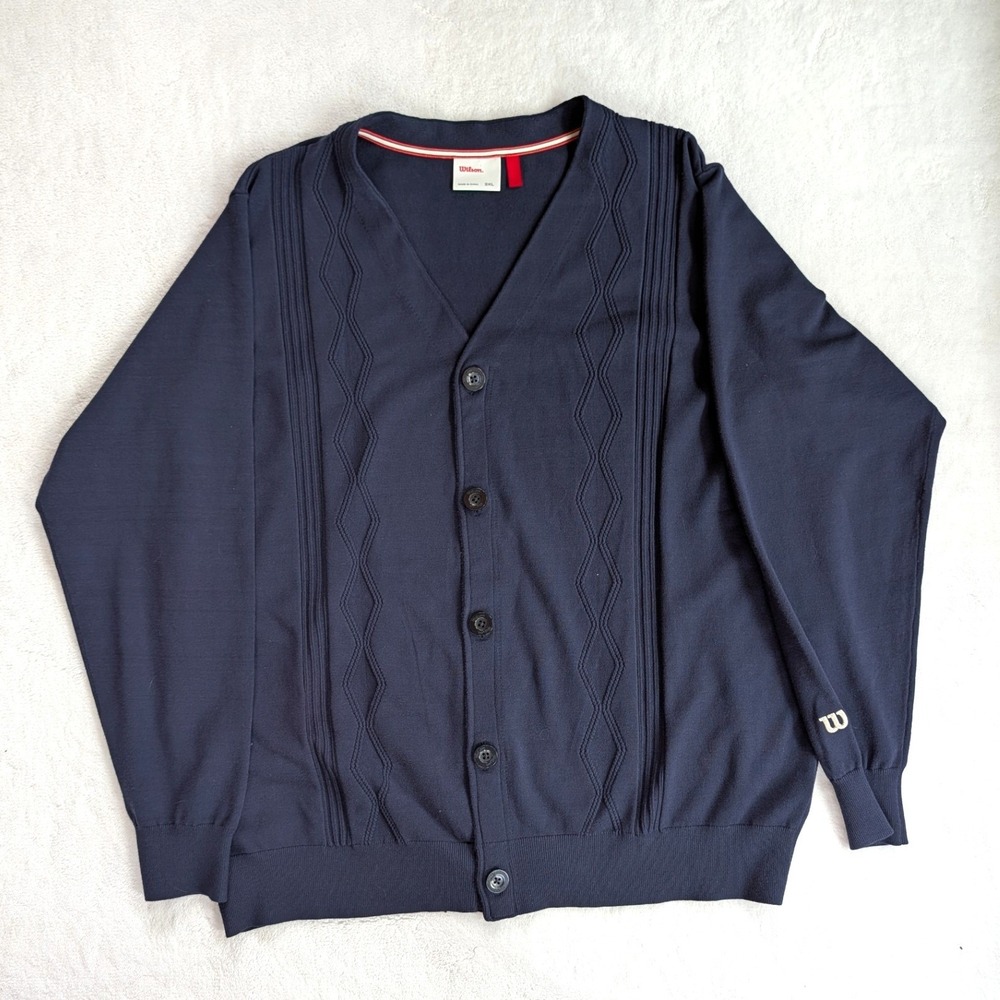 NWOT Wilson Navy Blue Geometric Knit Button Cooper Cardigan Heavy Sweater 2XL